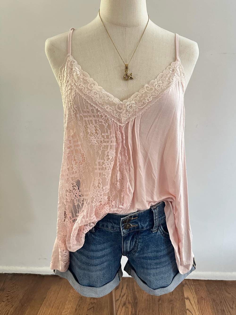 POL Blush Pink Lace Trim Boho Cami Romantic Feminine Tank Top M